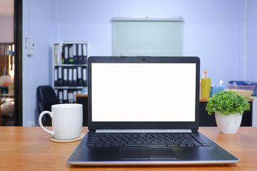 Fototapeta premium Cropped shot view of white office desk table with the office equipments, alcohol sanitizer, face mask and other office supplies on the modern space, flat lay.work at home.