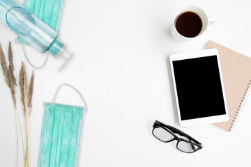 Work from home event coronavirus Work space desk table on top overhead place tablet book glasses coffee for working in company layout style modern have empty insert logo