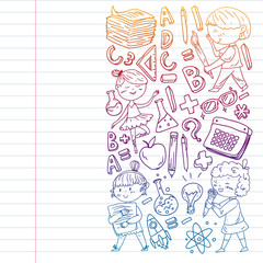 Cute school children. Imagination and creativity. Play and learn, singing, dancing, reading, drawing.