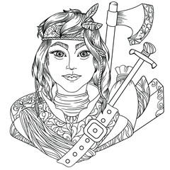 Coloring page for adults anti stress with beautiful girl hunter fantasy characters with black and white background