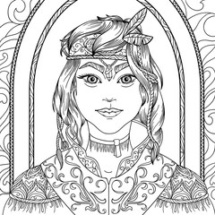 Coloring page for adults anti stress with beautiful girl hunter fantasy characters with black and white background