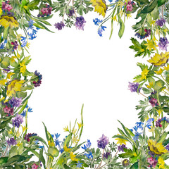 Square frame with spring flowers. Watercolor background with blossoming Lungwort, Corydalis, Snowdrop, Adonis, Kaluzhnitsa.