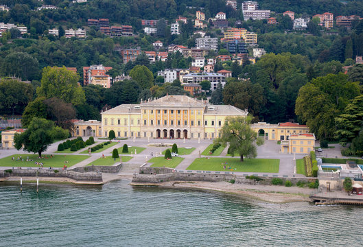 Italy, Lombardia, Como, 8/23/2018, aerial view of lake Como and city Como from villa Olmo,
Villa Olmo is an imposing neoclassical designed by the architect Simone Cantoni