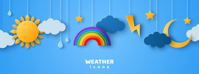 Set of cartoon paper cut weather icons on blue sky background. Vector illustration. Sun in clouds, rain drops, lightning and thunder, crescent moon with stars. Cute design for kids