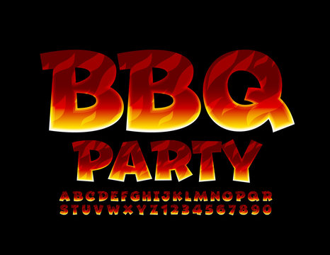 Vector flame flyer BBQ Party with burning Font. Creative fire texture Alphabet Letters and Numbers