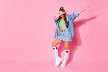 Full length photo of music lover girl enjoy dab dancer perform stage dance wear green denim clothes...