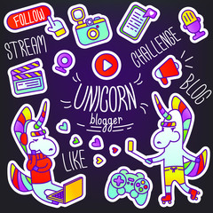 Vector set of stickers with a unicorn blogger. Creative illustrations of online opinion leaders. Recruitment of subscribers, becoming popular, publishing videos or posts on social networks. 