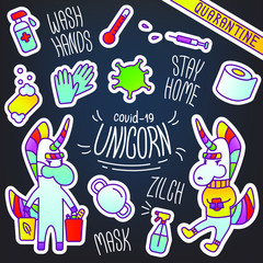 Vector set of stickers with a unicorn in the theme Covid-19. Cute rainbow illustrations of virus protection means, situations during self-isolation. Lettering stay home. Stickers for the diary.