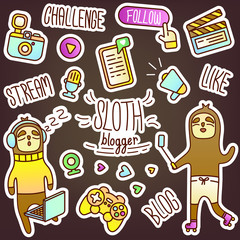 Vector set of stickers with sloth blogger. Creative illustration of streamer, work at home. A set of subscribers, a popular personality, social networks, posts and videos. Colorful diary stickers.