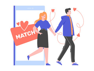 A guy and a girl hold hands and exit the smartphone. Mobile online dating application. Good date. Vector flat illustration.