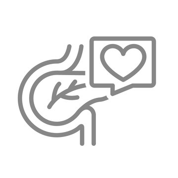Pancreas with heart in speech bubble line icon. Healthy organ digestive and endocrine system symbol