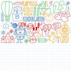 Fototapeta premium Online education for toddlers. Lessons for children in internet. Vector pattern for kindergarten banners, posters with moon, planet, spaceship, rocket, sun, fruits, house, flowers.