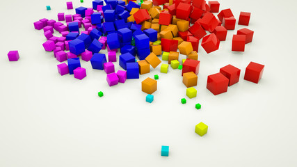 multicolored three-dimensional cubes scattered on a white background. 3d render illustration