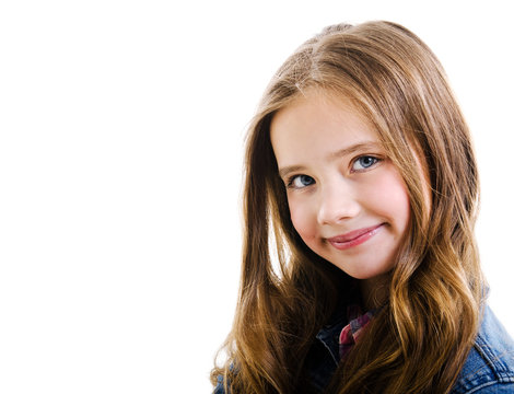 Portrait of adorable smiling little girl child preteen isolated