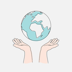 Human hands holding planet Earth, ecology concept. Hand draw vector illustration, EPS 10