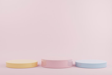 3d rendering scene with composition empty colorful step cube podium for cosmetic product presentation & abstract background. Mockup Geometric shape in pink pastel colors. Minimal design empty space.