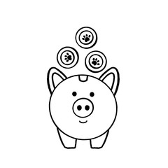 Obraz na płótnie Canvas Cute cartoon funny piggy bank with coins in the form of paws. Illustration for the sphere of finance, business, donations in favor of animal shelters, a veterinary clinic or pharmacy, assistance.