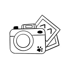 Illustration of a cute cartoon camera with paw print and photo cards in the background. Funny subject of the film industry. Images for print or web. Element for design, graphics.