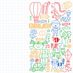 Online education for toddlers. Lessons for children in internet. Vector pattern for kindergarten banners, posters with moon, planet, spaceship, rocket, sun, fruits, house, flowers.