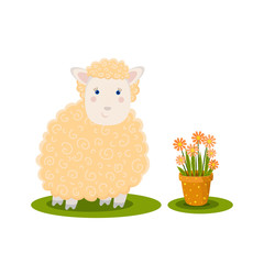 Cute cartoon sheep and a pot with flowers. Vector hand drawn illustration.