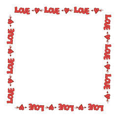 Square frame with words love and hearts on white background. Vector image.