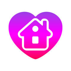 Stay home vector symbol. Home inside heart sticker pink - purple colour.
