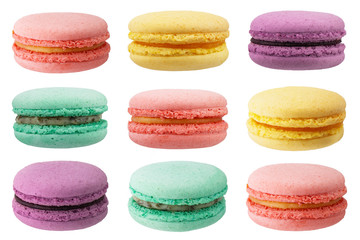 Collection of macaroons isolated on white background, without shadow