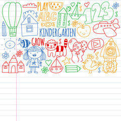 Online education for toddlers. Lessons for children in internet. Vector pattern for kindergarten banners, posters with moon, planet, spaceship, rocket, sun, fruits, house, flowers.