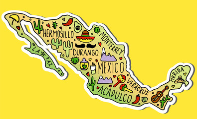 Colored sticker of Hand drawn doodle Mexico map. Mexican city names lettering and cartoon landmarks,