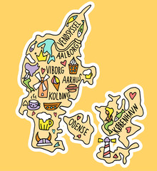 Colored sticker of hand drawn doodle Denmark map. Danish city names lettering and cartoon landmarks, tourist attractions cliparts.