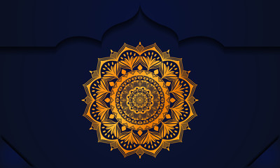 mandala motif on blue background, arabesque pattern, arabic style, mandala for print, banner, cover, flyer.