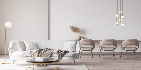 Stylish white modern living room interior, home decor

