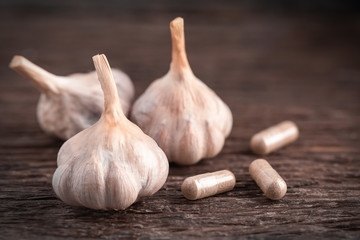 Garlic. Garlic placed on a wooden table.copy space Concept of healthy food.