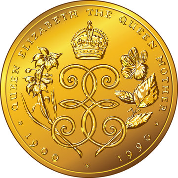 Money gold coin Dollar Bermuda dedicated to Queen Mother Elizabeth with the image of a crown, roses and monogram letter E