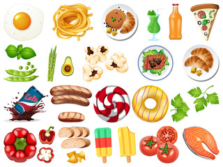 Large set of food and desserts on white background