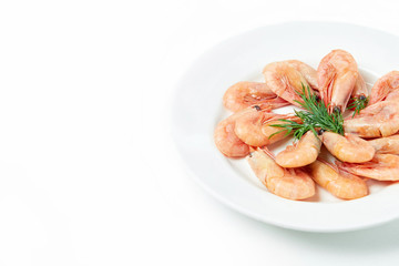 shrimp with dill in a plate on a white background