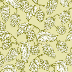 Hand drawn engraving style Hops Seamless pattern. Common hop or Humulus lupulus branch with leaves and cones. Vector Green Floral background 