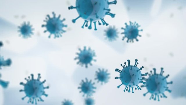Coronavirus and germ particles floating on white blue background