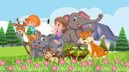 Scene with happy kids and animals in the park
