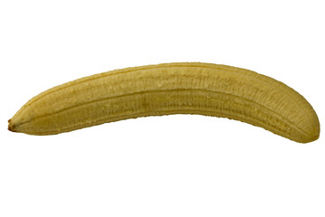 Peeled banana isolated on white background. Close-up. Top view.
