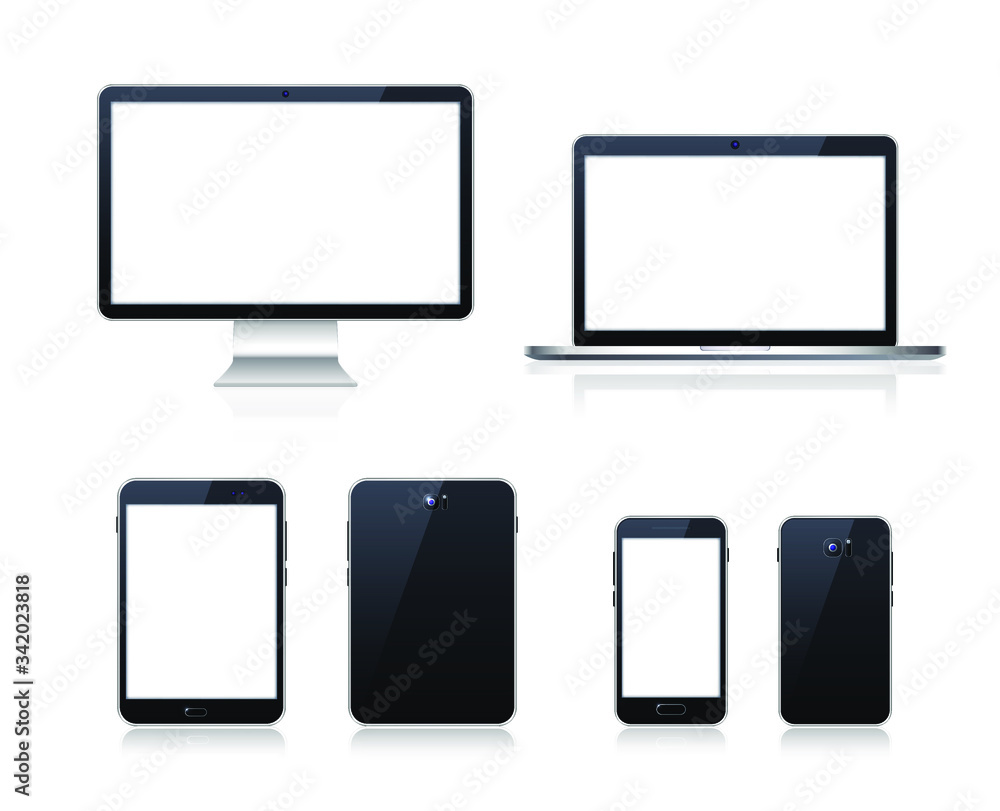 Poster Set of Technological Devices with Blank Screen on White Background . Isolated Vector Elements