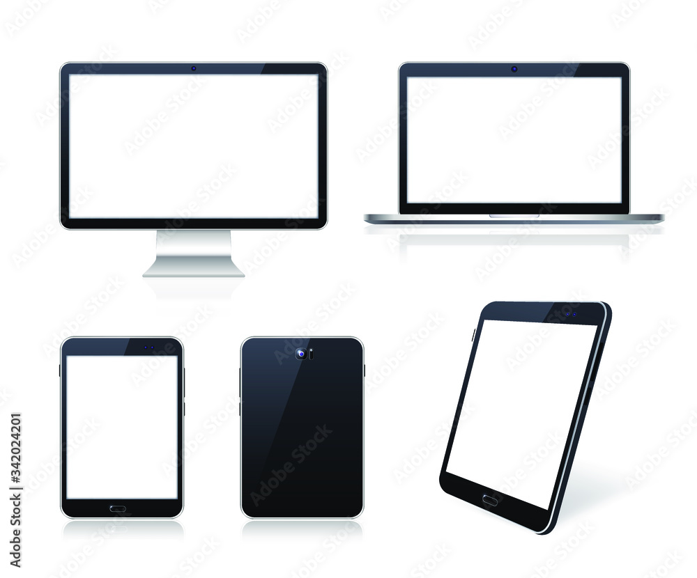 Poster set of technological devices with blank screen on white background . isolated vector elements
