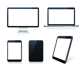 Set of Technological Devices with Blank Screen on White Background . Isolated Vector Elements