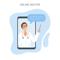 Vector illustration with online consultation, virtual doctor concept. Card with medic with speech bubble in the phone. Hospital medical staff help online. Paramedic, nurse. Friendly cartoon character