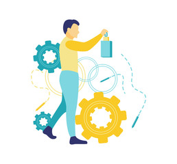 Flat vector illustration of business concept, young businessman walking with a lantern. Illuminating the problem of company progress.