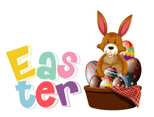 Happy Easter font design with easter bunny and eggs