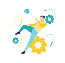 Flat vector illustration of a business concept, football fan businessman. Illustration of man kicking a ball.