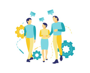 Flat vector illustration, two men and a woman talking about business problems. Talk about the progress of their company. Business concept.