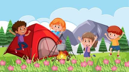 Scene with happy kids camping in the park
