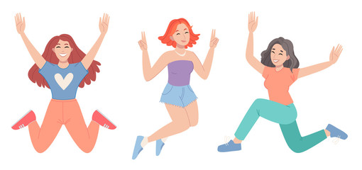 Happy girls millennials person youngsters having good mood.
Happy jumping girl. Good summer mood. Freedom. People dancing.